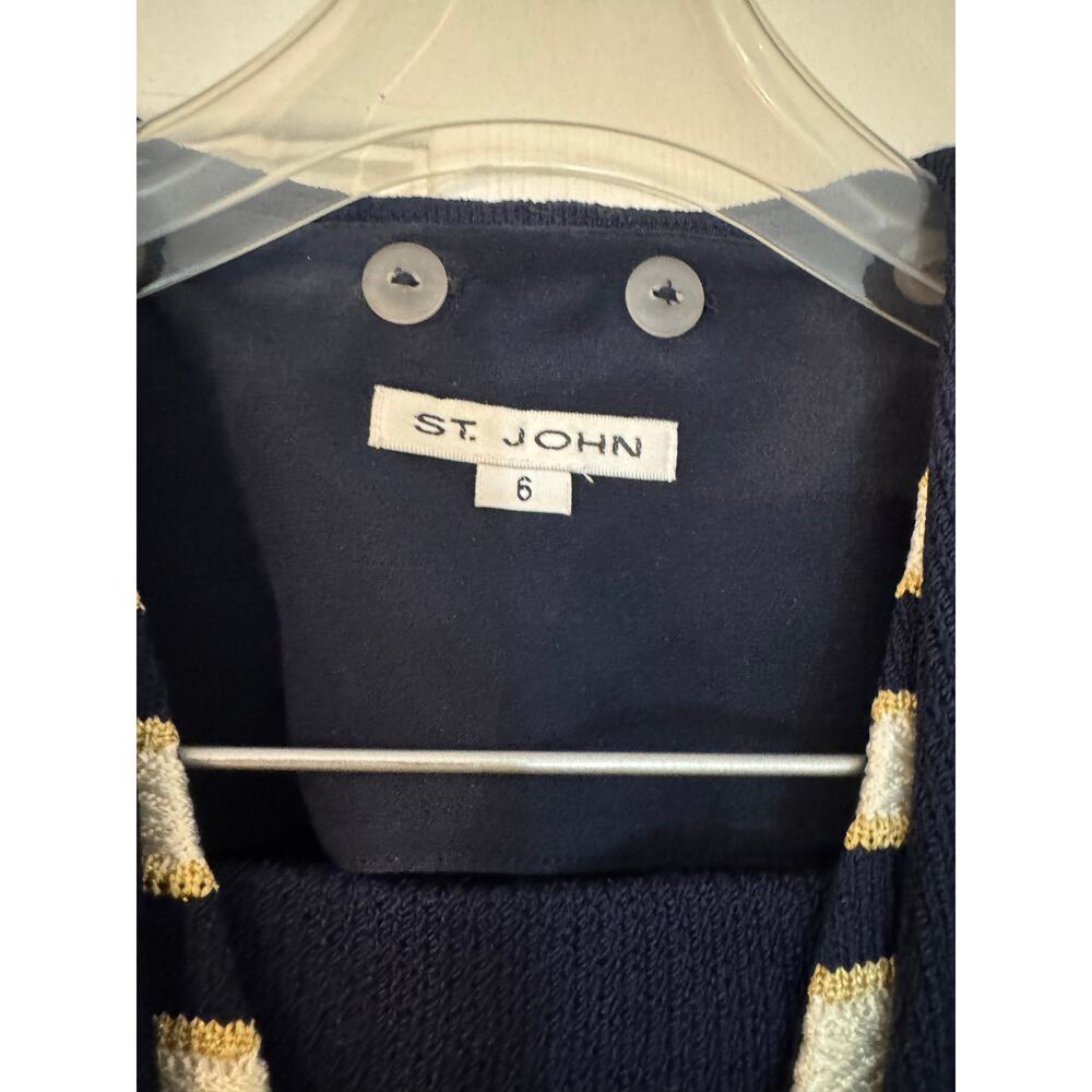 St. John 2-Piece Knit Suit Set Navy Blue Gold Metallic Trim and Skirt sz 6 - Picture 3 of 13